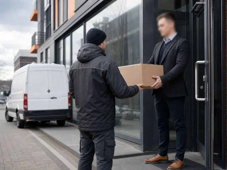 A courier hands over a parcel at the door of the recipient’s office