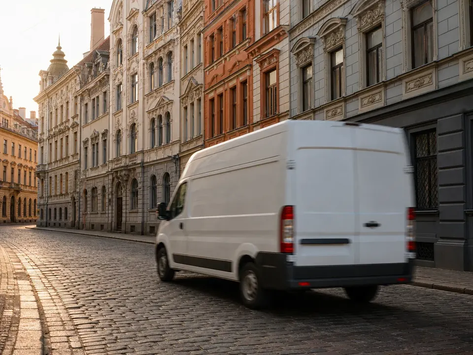 A van on a street in Riga Old Town