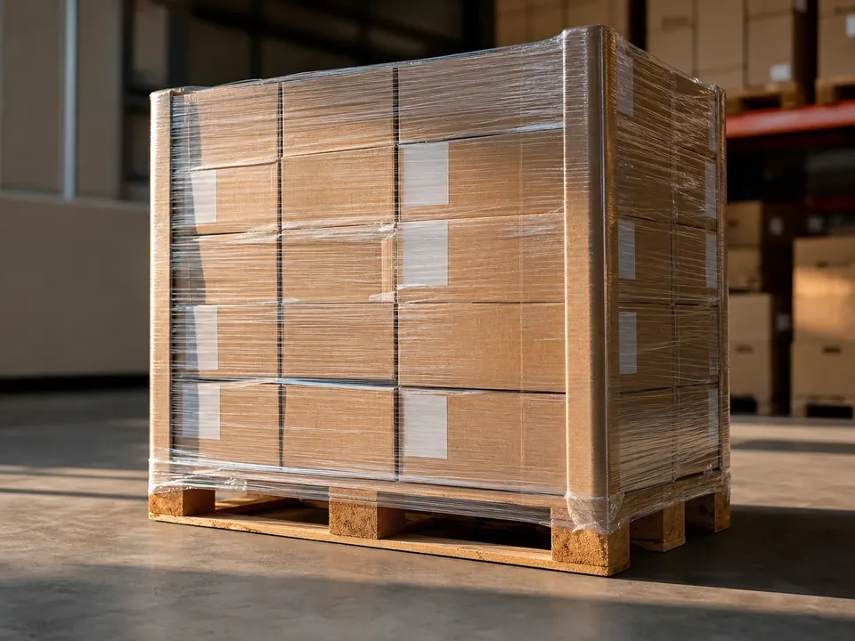 Boxes wrapped in film on a Euro pallet