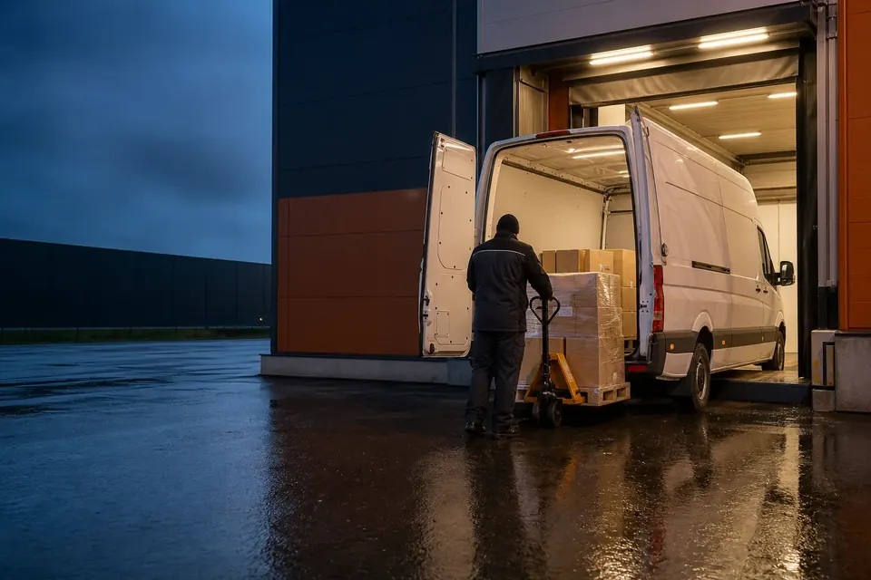 Shipments being loaded into a van at the terminal